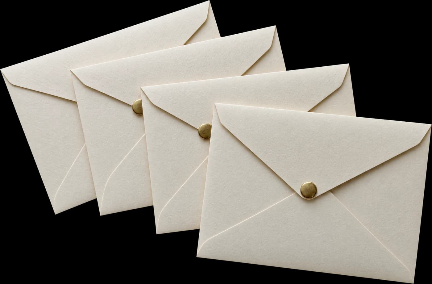 Four sealed cream envelopes with brass clasps